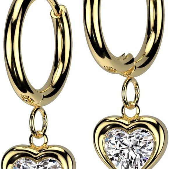 18GA Stainless Steel CZ Heart Dangling Huggie Hoop Earrings for Men, Gold Tone, - Picture 1 of 4